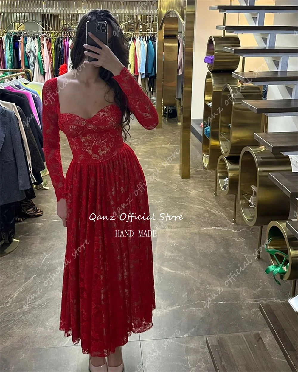 Qanz Elegant Tea Length Prom Dresses Red Lace Appliques Long Sleeves Abito Cerimonia Donna Bespoke Occasion Dresse Customized