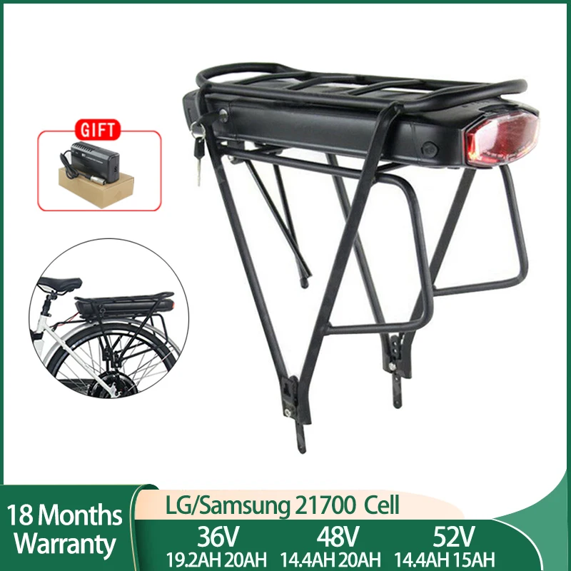 21700 Rear Rack Ebike Battery Pack with Luggage Rack 36V 19.2AH 52V 48V 15Ah 14.4V for Escooter 1500W-250W Bafang Motor