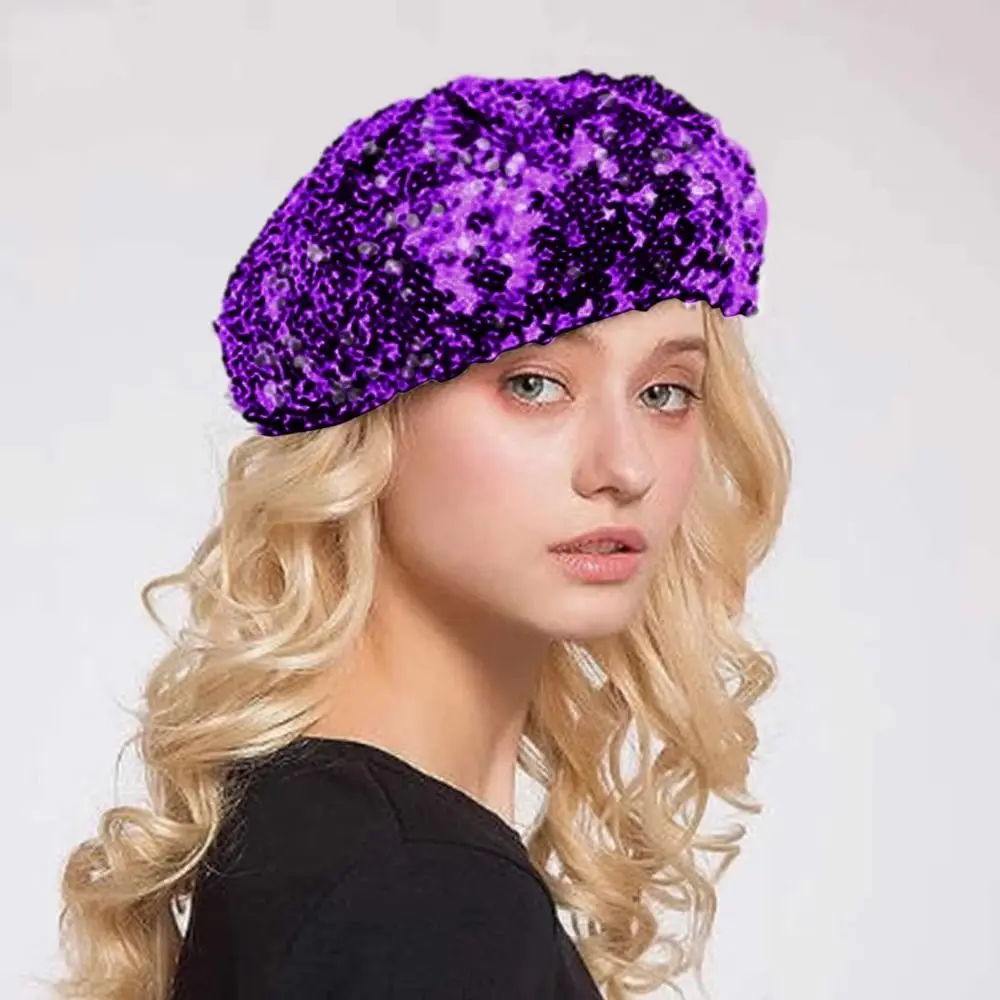 Chic Glitter Beanie Cap Solid Color Sparkling Women's Sequin Beret Comfortable Octagonal Shape Shiny Painter Hat Daily Wear