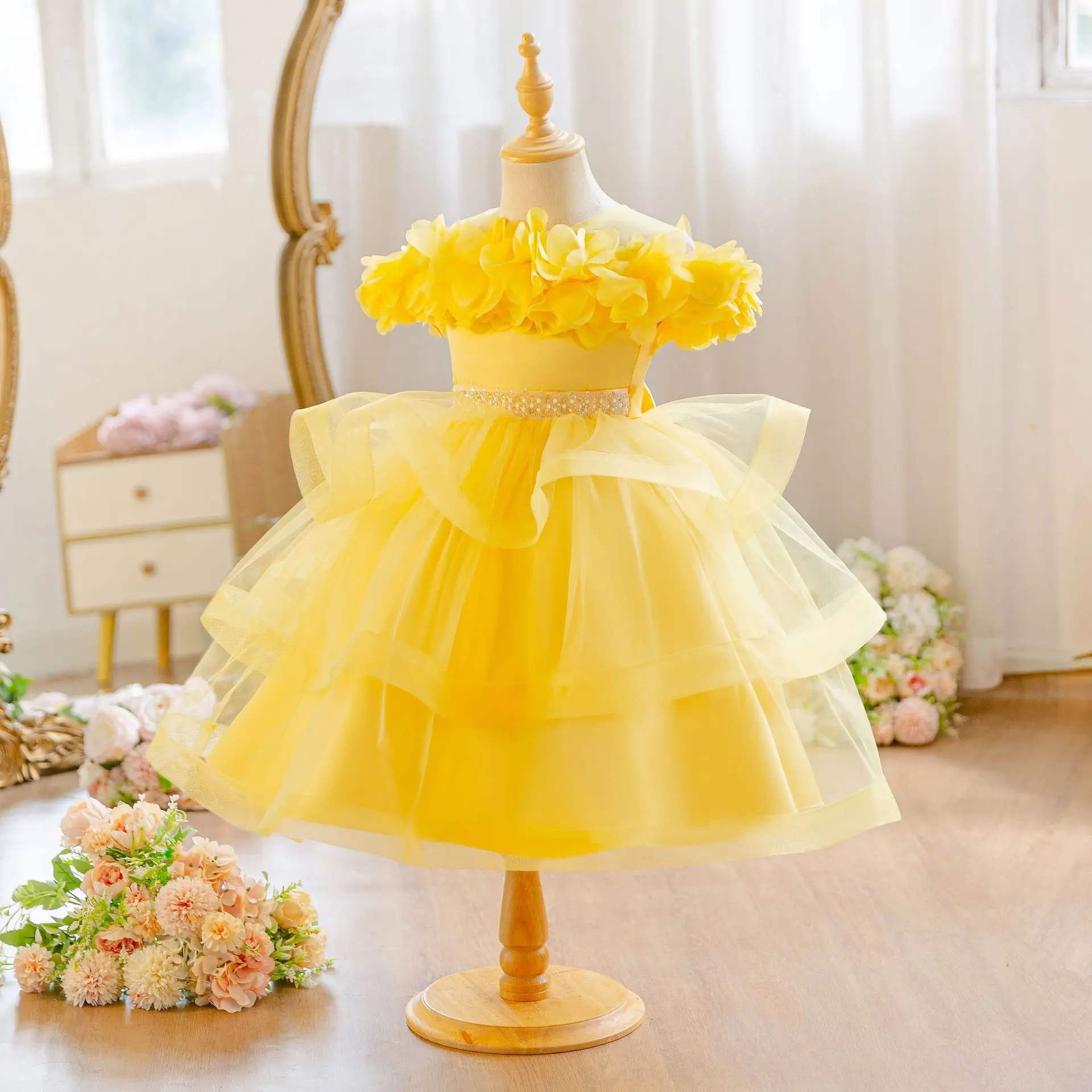 HETISO Girls Elegant Party Dress Beading Sashes Kids Children Birthday Evening Wedding Ball Gown 1-6 Years