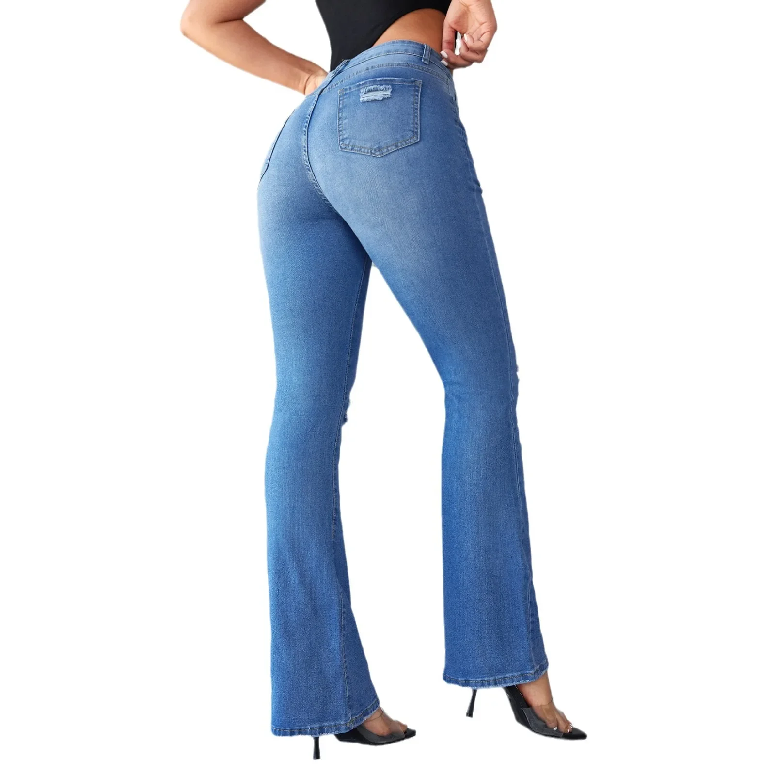 Ripped Slightly Flared Pants Temperament Jeans, Women's New Fashion Slim-fit High Waist Stretch Long Pants.spring and Autumn