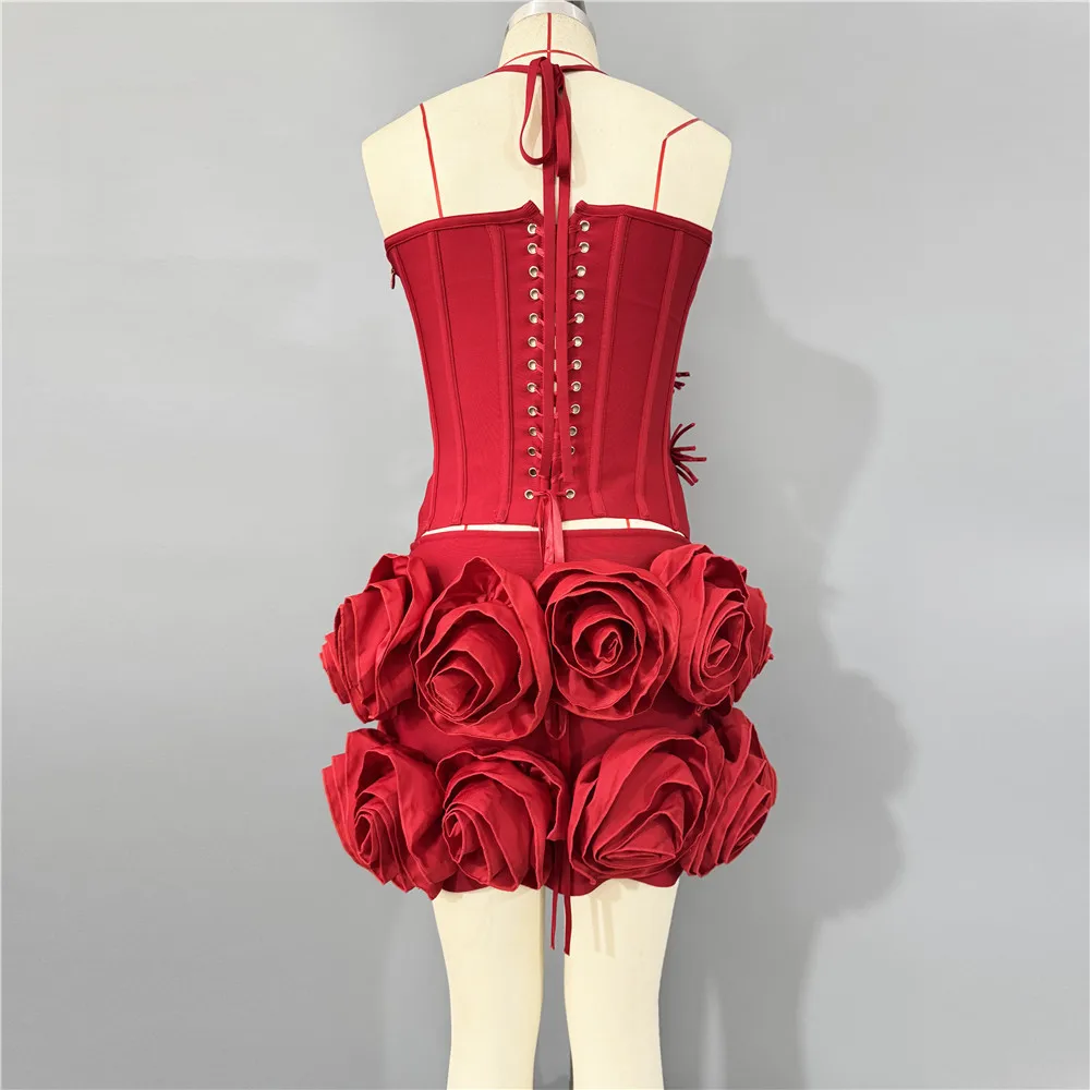 Set di fasciatura per abiti da festa in due pezzi con gonna a fiori tridimensionale europea e americana sexy con lacci sul collo