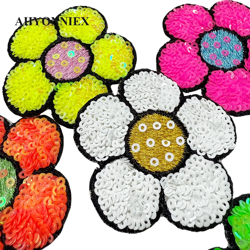 5pcs/Lot 6CM*6CM Shining Pink Green Yellow Blue Orange Sequins Flower Parch For Costume Dress Coat Iron On Patch for Clothing view 2