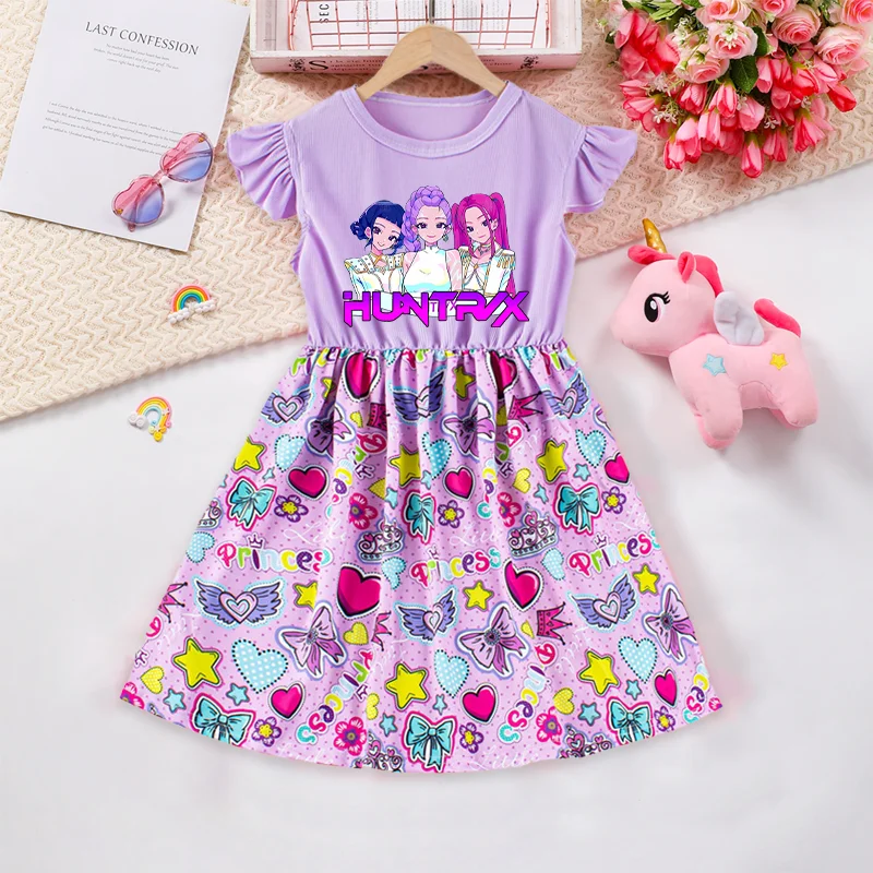 

KPop Demon Hunters Dress Summer Girls Sweet Fashion Little Fly Sleeve Kawaii Anime Figure Print Kids Skirt Kids Birthday Gift