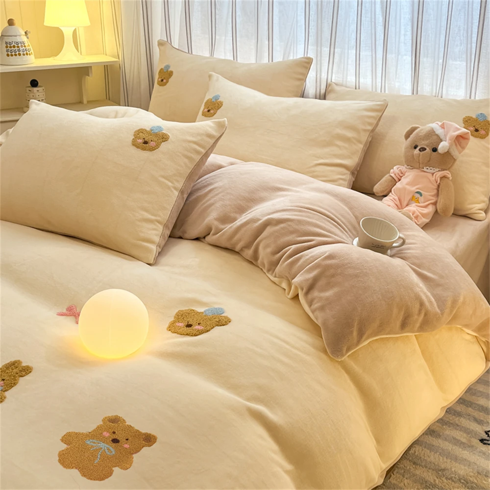 Cartoon Embroidery Bedding Set Milk Velvet Four-Piece Sets Soft Duvet Cover Home Coral Velvet Quilt Cover Bed Sheet Pillowcase