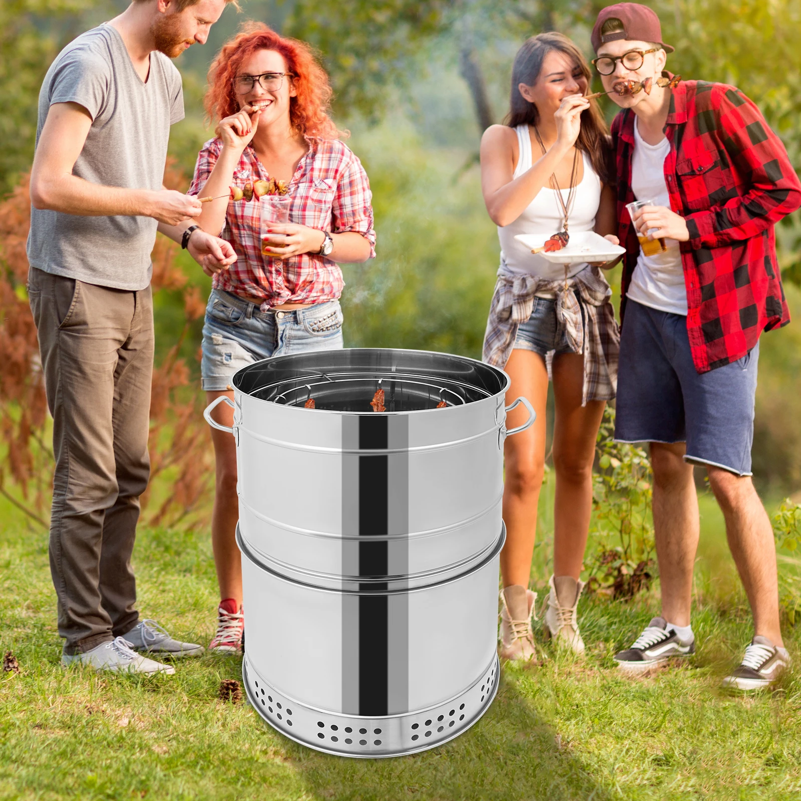 Portable Charcoal Grill 16 Inch, Stainless Steel Hanging BBQ Barrel with 360° Rotation, Smokeless Barbecue Grill with 50 Skewers