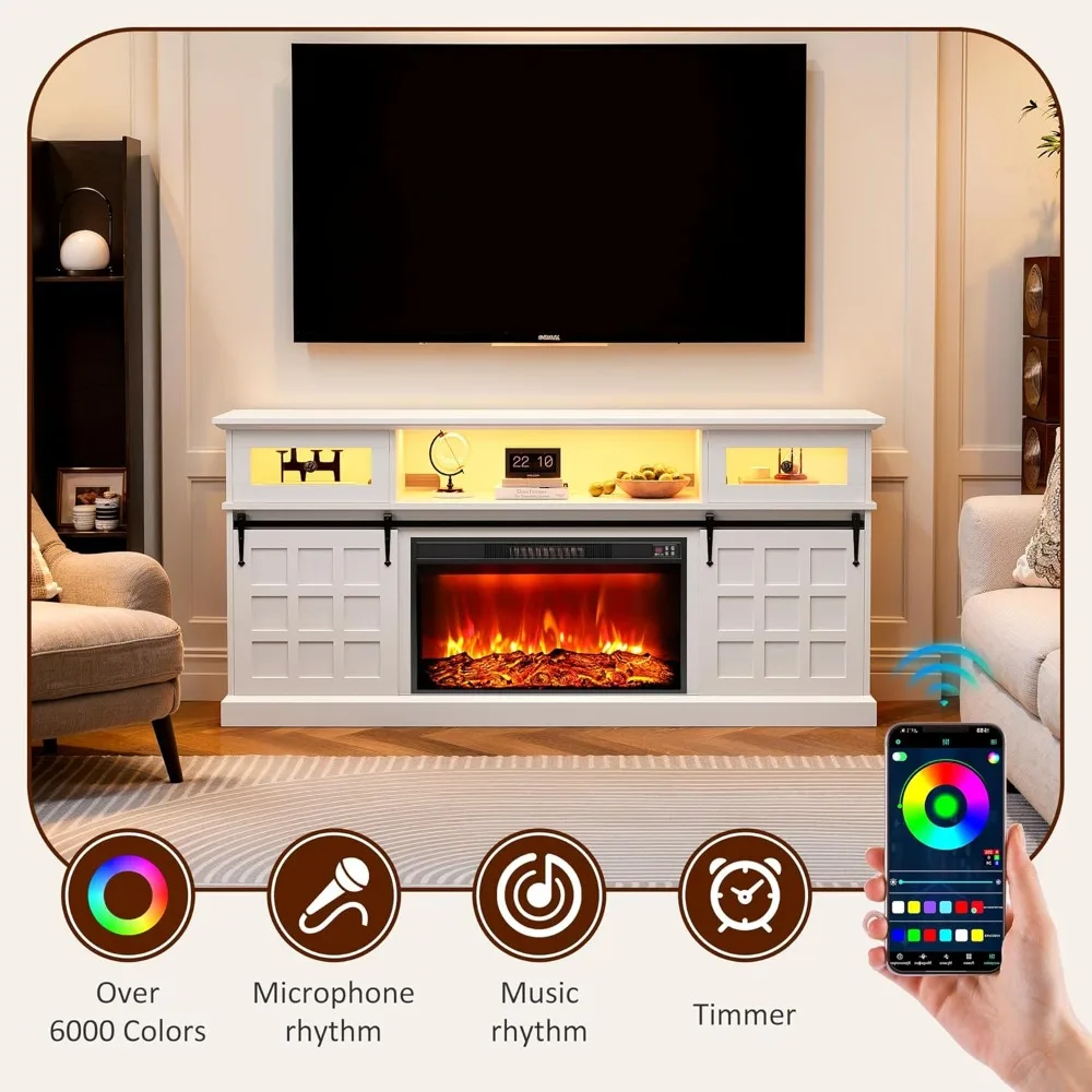 حامل تلفزيون مدفأة لأجهزة التلفاز مقاس 80 بوصة مع منافذ طاقة وأضواء LED، وحدة تحكم الوسائط الريفية مع أدراج قابلة للطي، ترفيه بعرض 70 بوصة