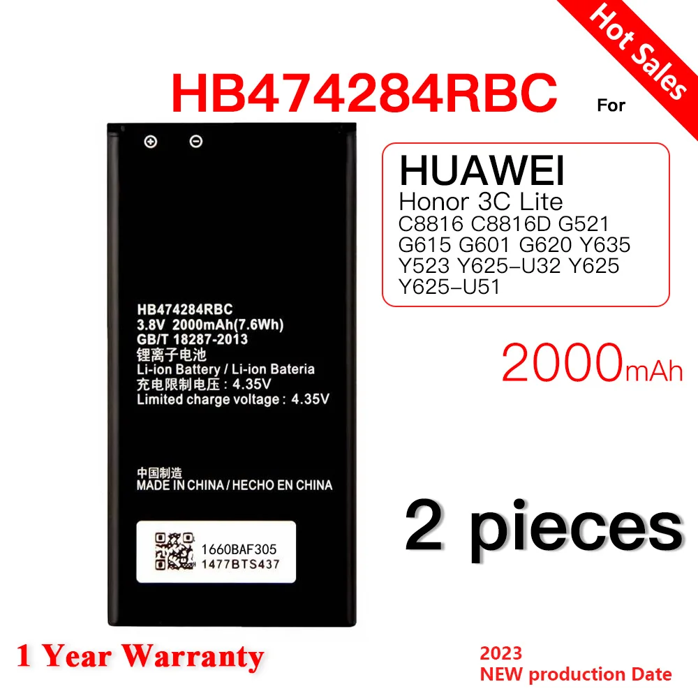 100% Orginal HB474284RBC 2000mAh Battery For HUAWEI honor 3C lite C8816 Y550 Y560 Y625 Y635 G521 G620 y5 4g Mobile Phone Battery