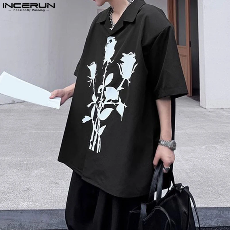 INCERUN Men Shirt Printing Lapel Short Sleeve Loose Casual Men Clothing Summer Korean Style Streetwear 2024 Fashion Male Shirts