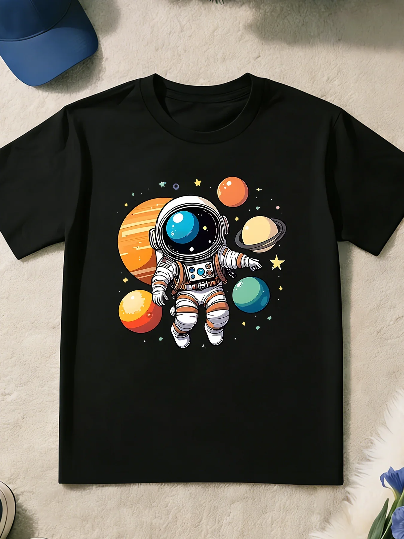 Cute Floating Astronaut Planets Cartoon Print T Shirt Boys Girls Space Short Sleeve Tee Family Matching Kids Cotton Tops