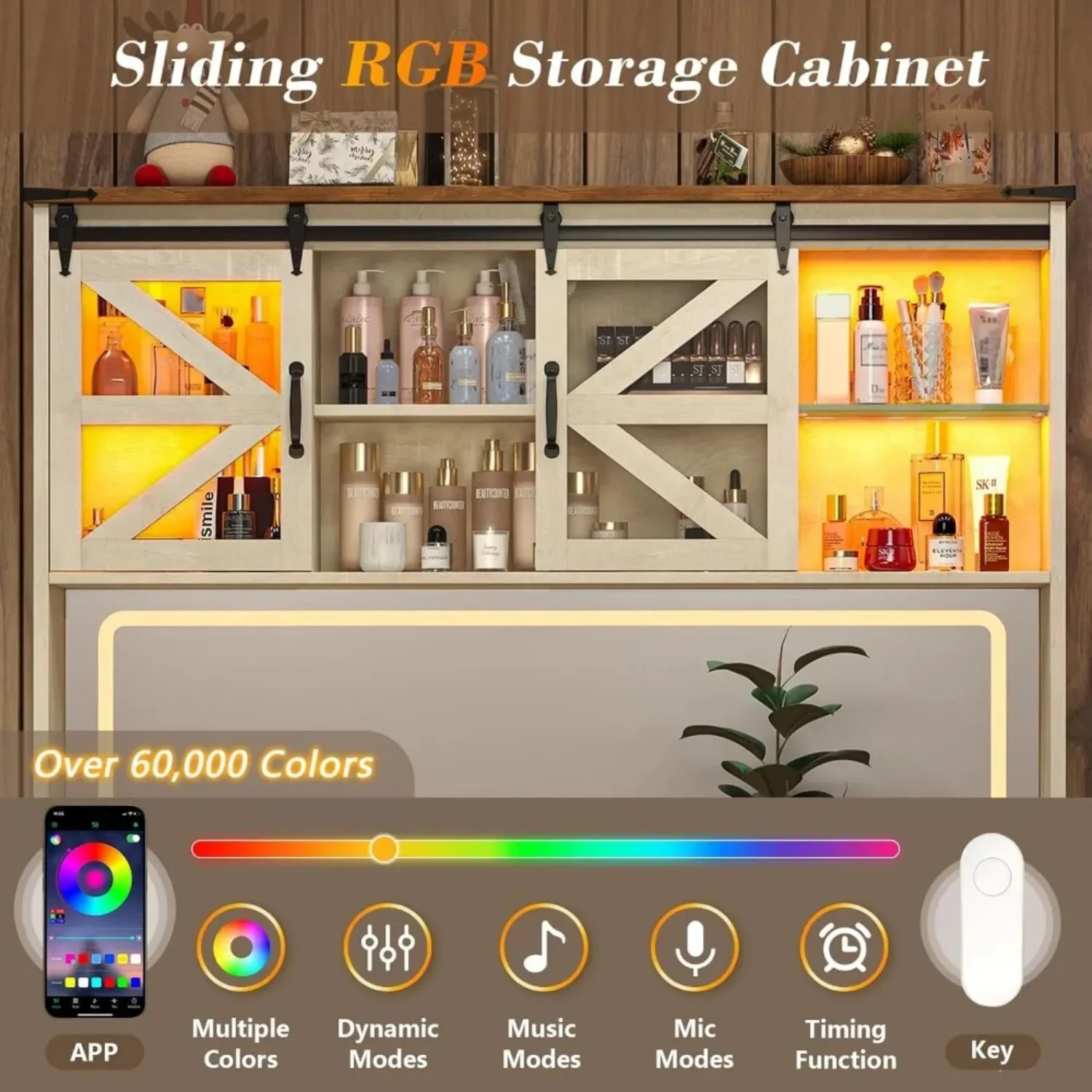 75.2" Farmhouse Vanity Desk with Mirror and Lights, 5 Drawers&2 Sliding RGB Door & Power Outlet, 3 Color Lighting Modes