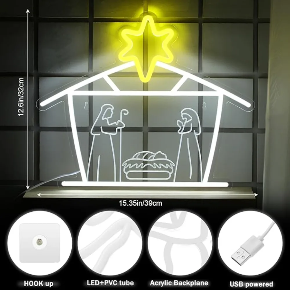 Nativity Scene Neon Sign with Star of Bethlehem LED Religious Wall Art for Home Church Christmas Decor Biblical Holiday Gift