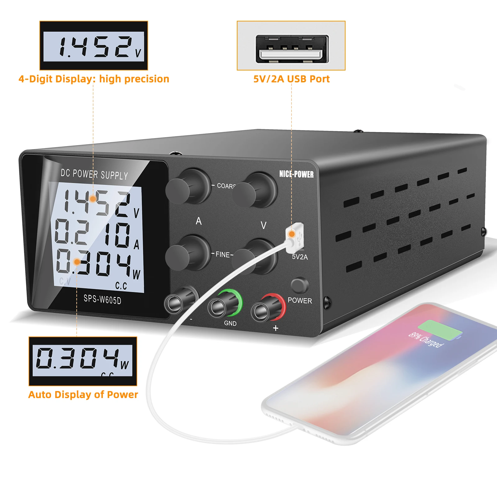 

NICE-POWER SPS-W605D 60V 5A Desktop Adjustable DC Power Supply USB Fast Charging Interface Appliance Repair Voltage Regulator