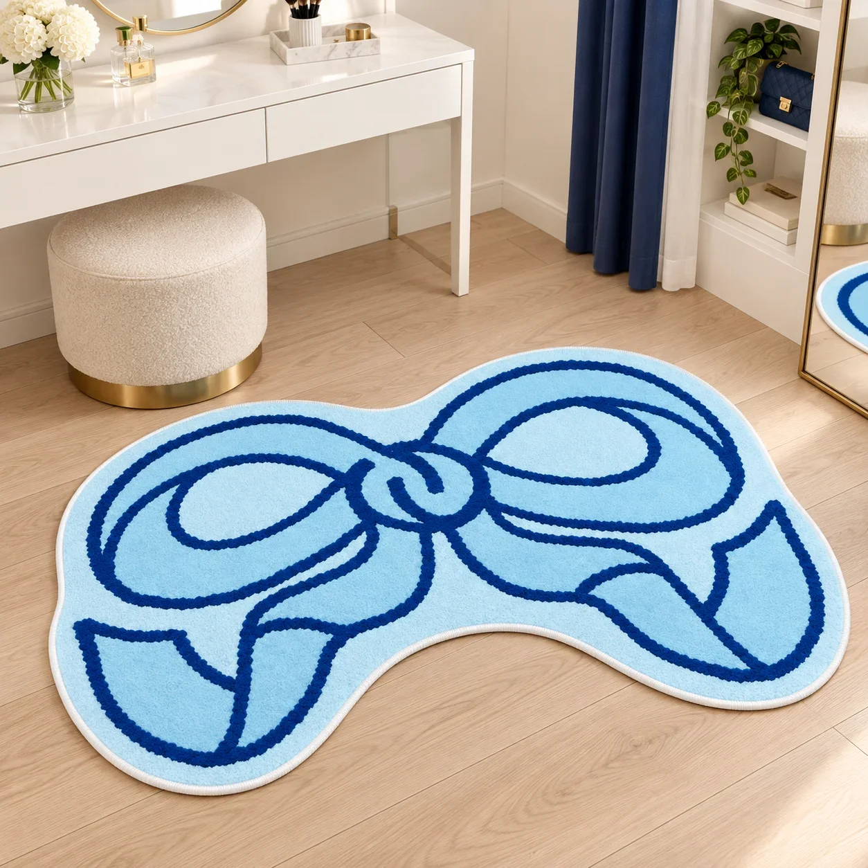 Blue Ribbon Bow Shaped Area Rug Cute Pastel Floor Mat Soft Flannel Pet Mat for Bedroom, Coquette Aesthetic Home Decor Gift