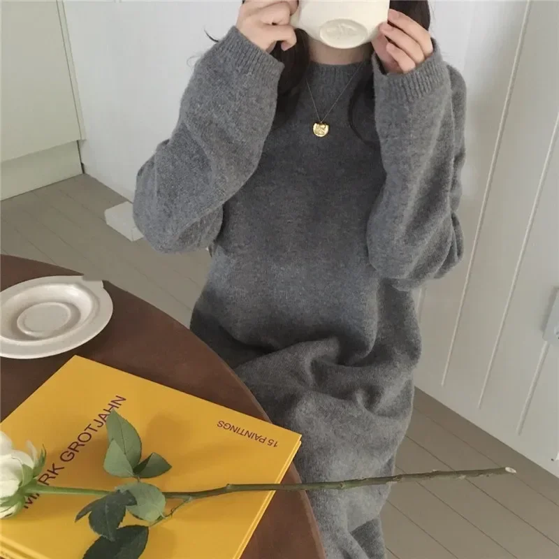 Women Fall Winter O Neck Lazy Style Knit Dress Black Red Oversize Fashion Mid-length Loose Casual Bottoming Warm Sweater Dress