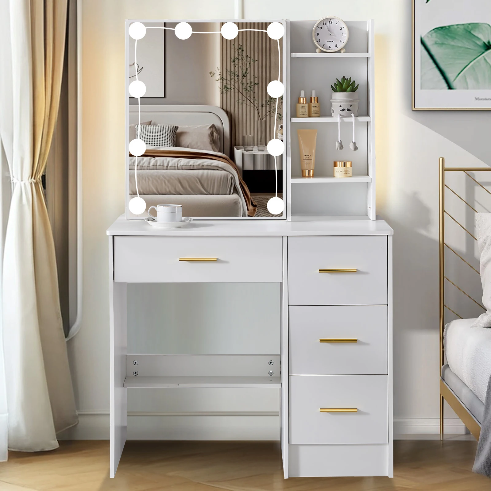 White Vanity Desk with Hollywood LED Bulb Mirror, 3 Color Dimmable Lights, 4 Drawers & Side Open Storage Shelf, Bedroom Cosmetic Furniture for Ladies
