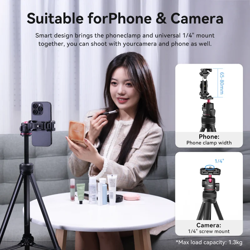 Ulanzi TT51 Aluminium Alloy Portable Tripod with 360 Rotation Ballhead Phone Clamp Lightweight Tripod for Phone Camera Vlog