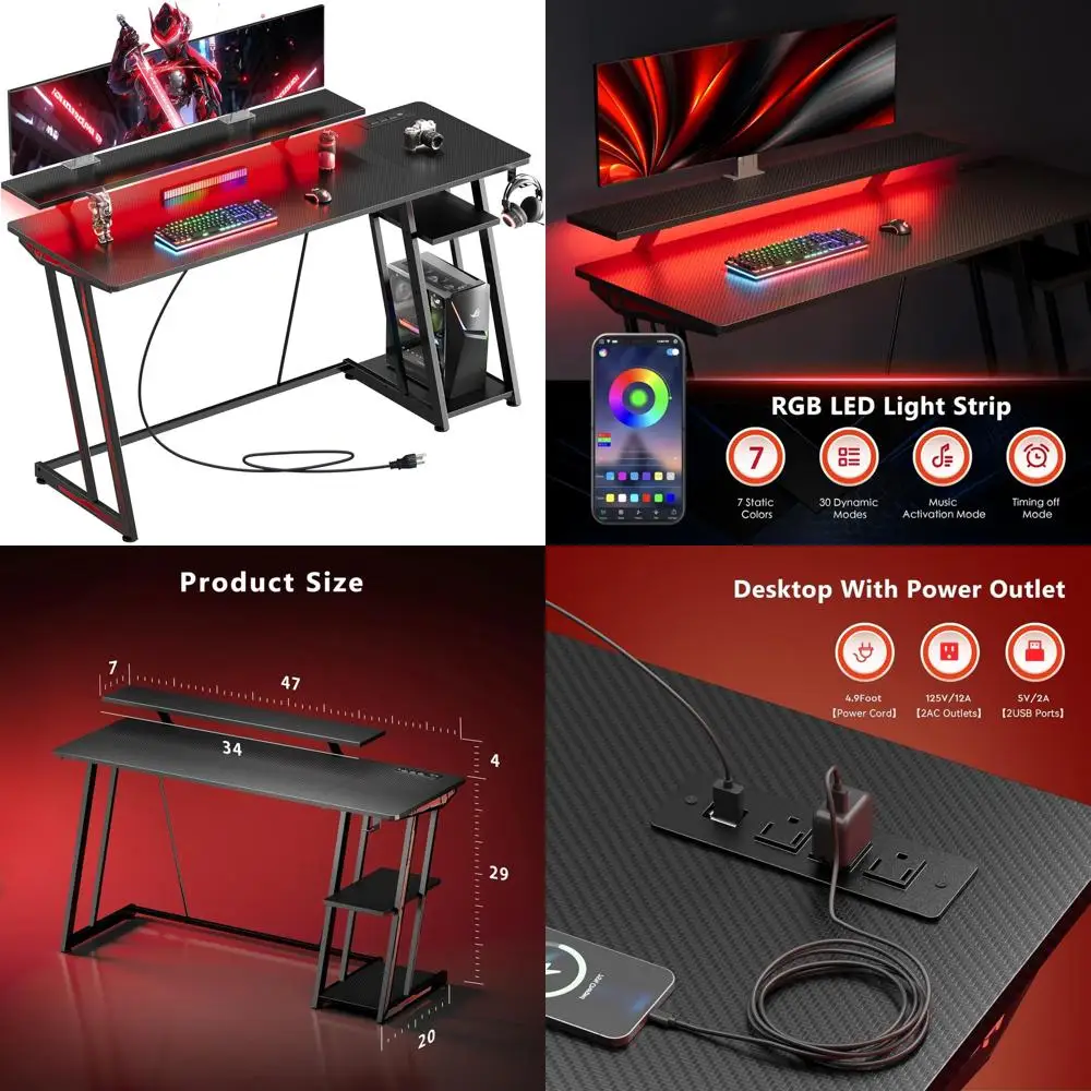 مكتب ألعاب بإضاءة LED مقاس 47 بوصة مع منافذ طاقة وطاولة من ألياف الكربون قابلة للتعديل تتميز بحامل شاشة وتخزينها