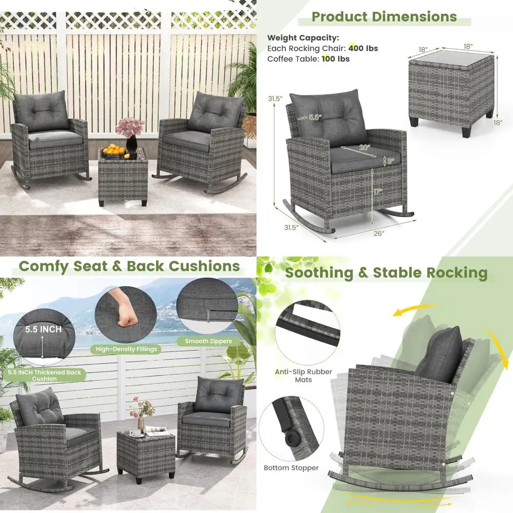 

"Set of 3 Patio Wicker Rocking Chairs with Cushions and Glass Top Coffee Table for Outdoor Conversation Area"