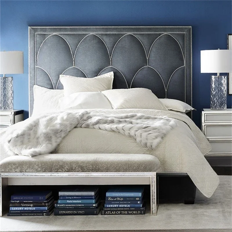 American fabric rivet bed, dark blue soft bag bed, high back wedding bed, master bedroom double bed