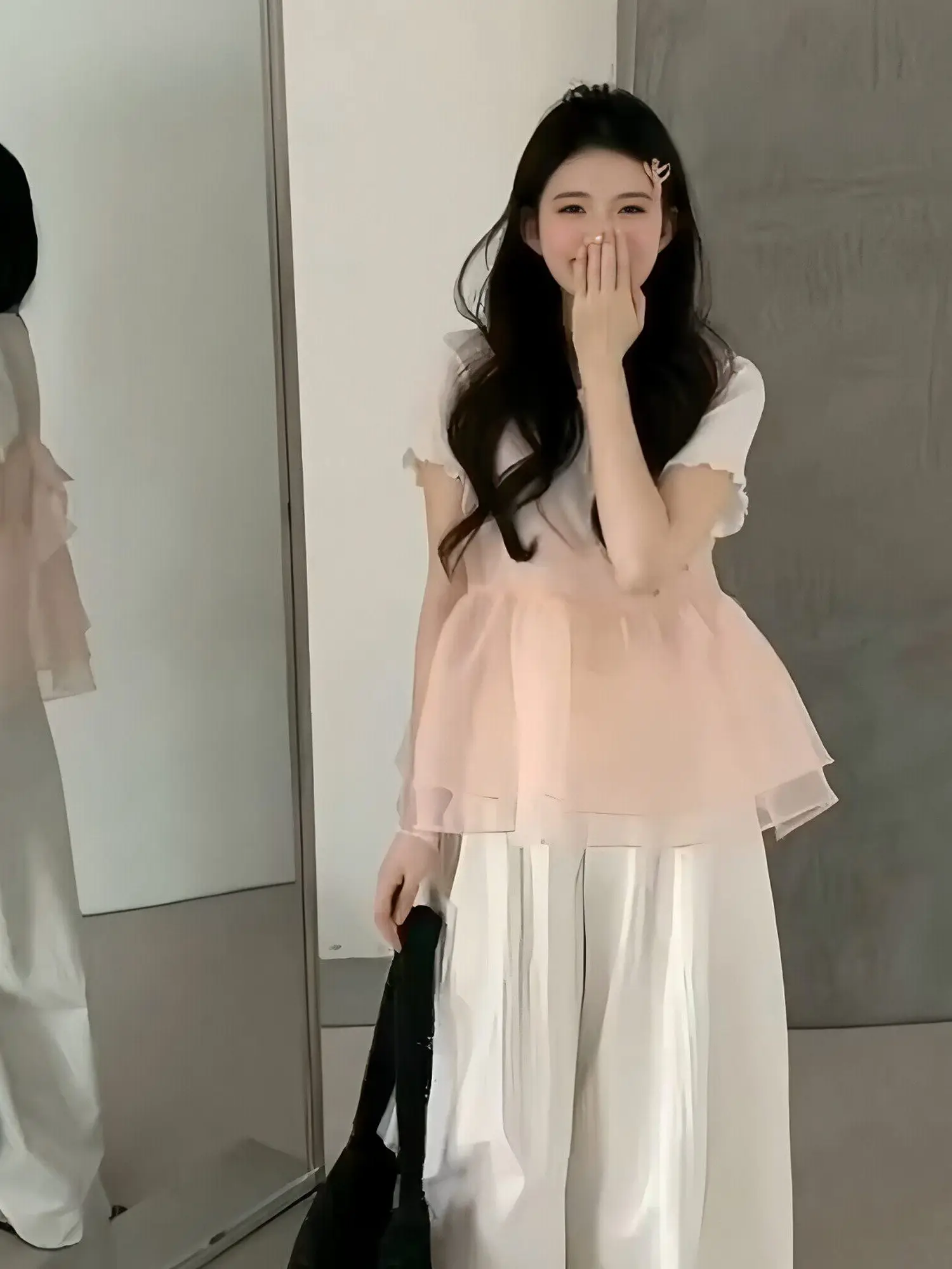 

Sweet Pink Lace Knot Vest Cover up Set Women's Summer Inner Wear White Short Sleeve Two Piece Set Chic Fashion