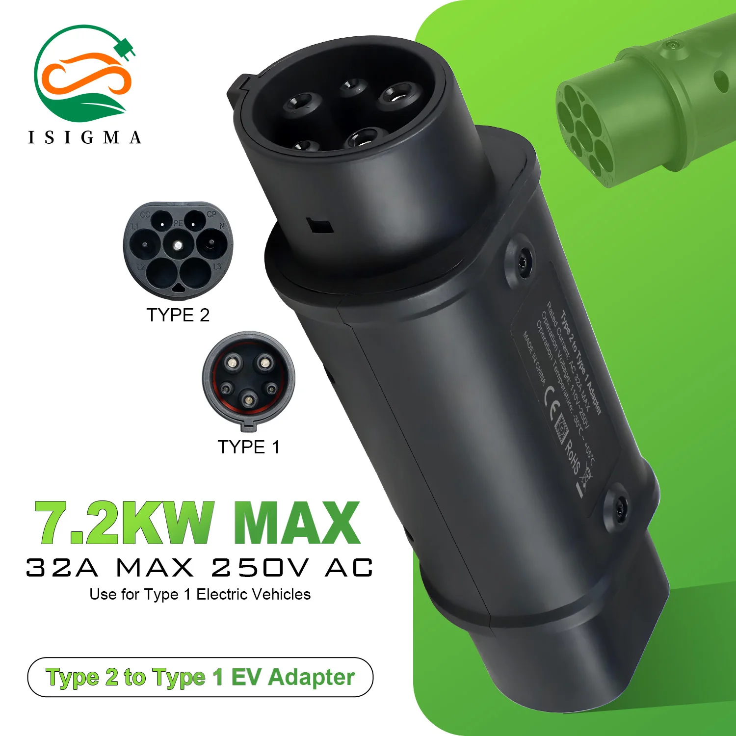 Type 2 to Type 1 EV Adapter 32A 7kW IEC 62196 J1772 Single Phase Portable Converter for Electric Vehicle Charging