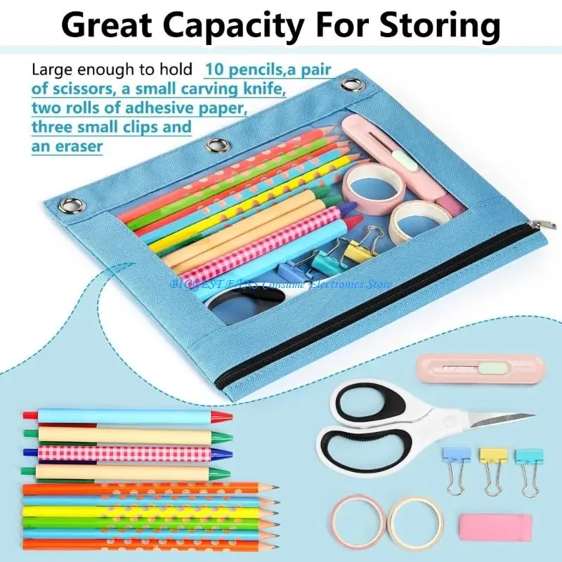 

6 Pcs Clear Window Pencil Case 3 Rings Binders Pencil Box Zippers File Bag School Office Supplies For Students Storage
