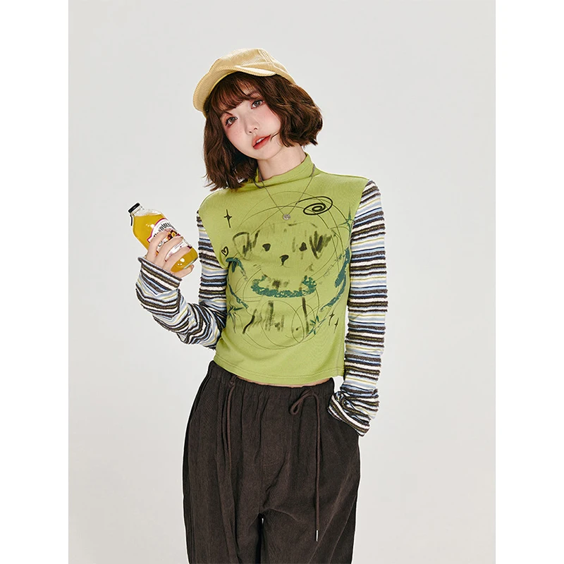 تي شيرت هاراجوكو مخطط للسيدات تي شيرت عتيق مطبوع عليه قطع علوية قصيرة للخريف Y2K الجرونج بأكمام طويلة تصميم نحيف تي شيرت جديد #6