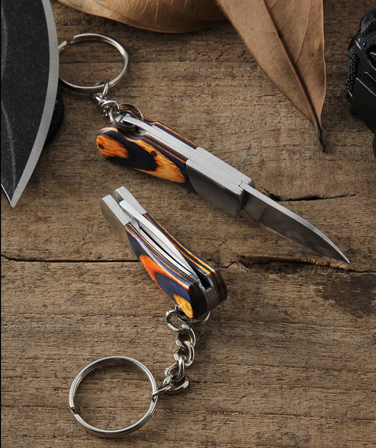 Portable Keychain Folding Knife Stainless Steel Outdoor Camping Mini Pocket Knife Keyring Wooden Handle Kitchen Fruit Knife