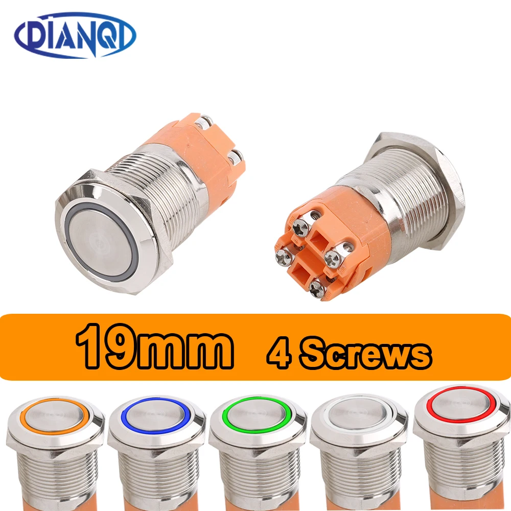 

19 мм плоская головка Блокировка кнопка переключатель 15A ток водонепроницаемый моментальная Перезагрузка нажмите кнопку 4 винта красный синий 12 в 6 в 220 В