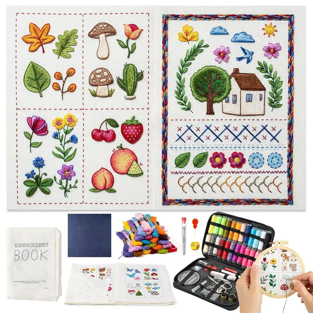 

2026 New Embroidery Stitch Book Kit, DIY Embroidery Punch Needle Practice for Beginner, Sampler Patterns Book with Needles T