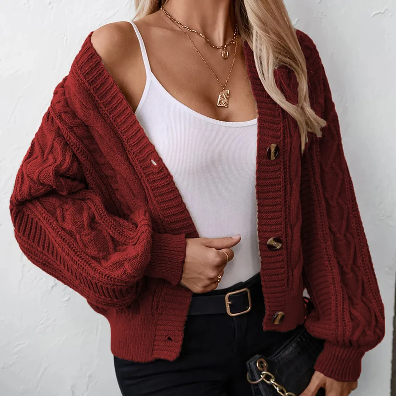 

Red Lantern Sleeves Knitted Cardigan Coats Women Korean V Neck Sweater Cardigans Woman Single Breasted Loose Crop Cardigans