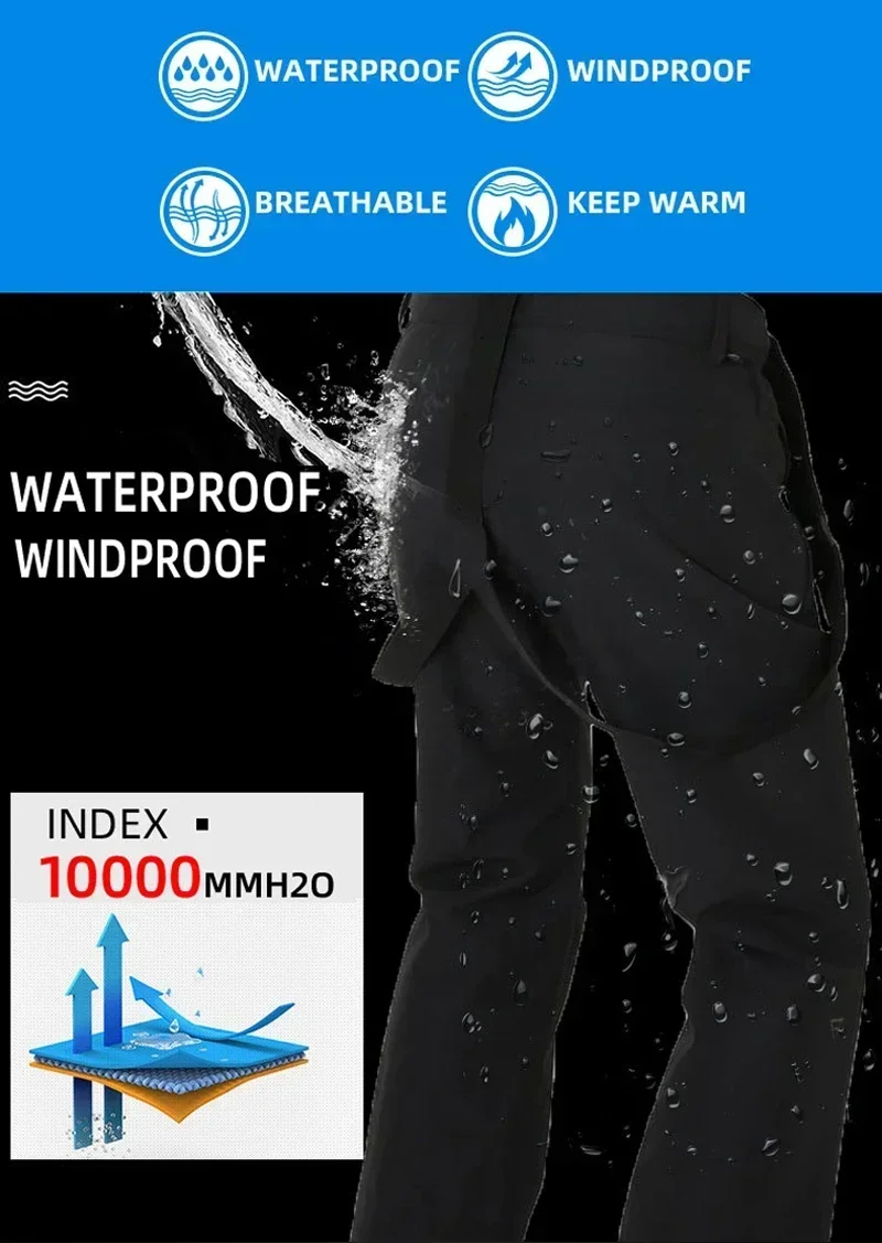 

Высококачественные мужские зимние лыжные брюки, ветрозащитные водонепроницаемые толстые теплые брюки на подтяжках, мужские брюки для снега и сноуборда