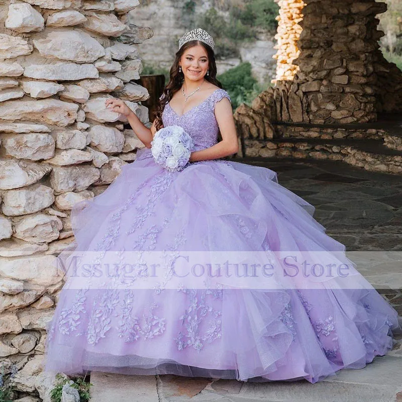 Lavanda-Vestidos De quinceañera para niñas, Vestidos De tul con apliques De escote Corazón, cuentas De encaje, Vestidos De cumpleaños para niñas mexicanas, 15 Años