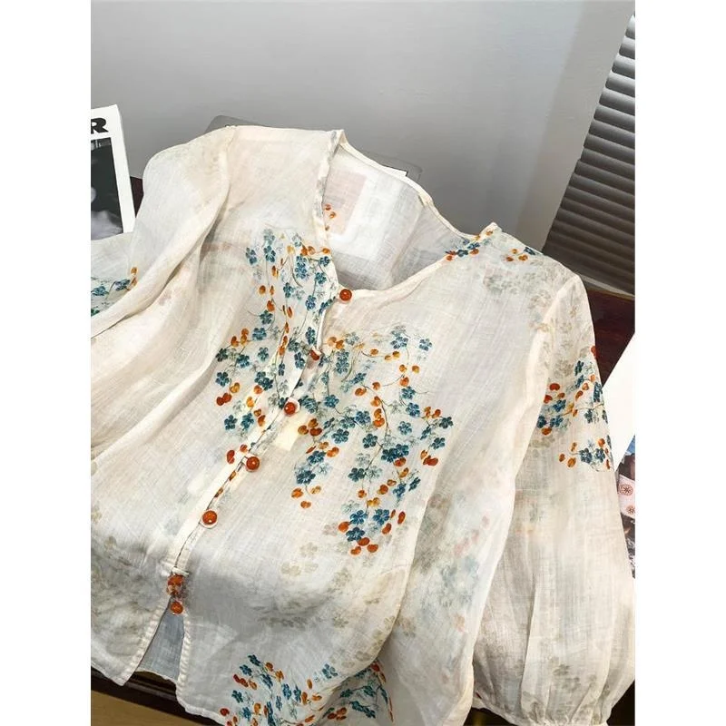 

Новый китайский женский льняной топ с принтом для защиты от солнца на пуговицах V-Ne Lantern Sve обычной длины