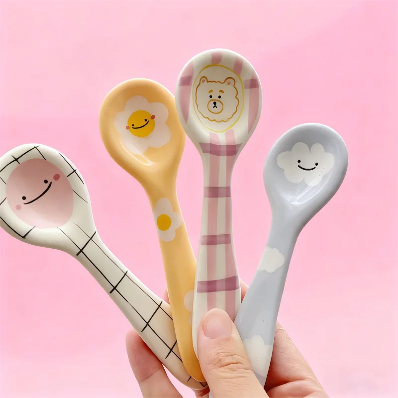 Cute Smiling Spoons Ceramic Ice Cream Spooon Irregular Hand Painted Dessert Breakfast Spoon Home Kitchen Tableware Accessories