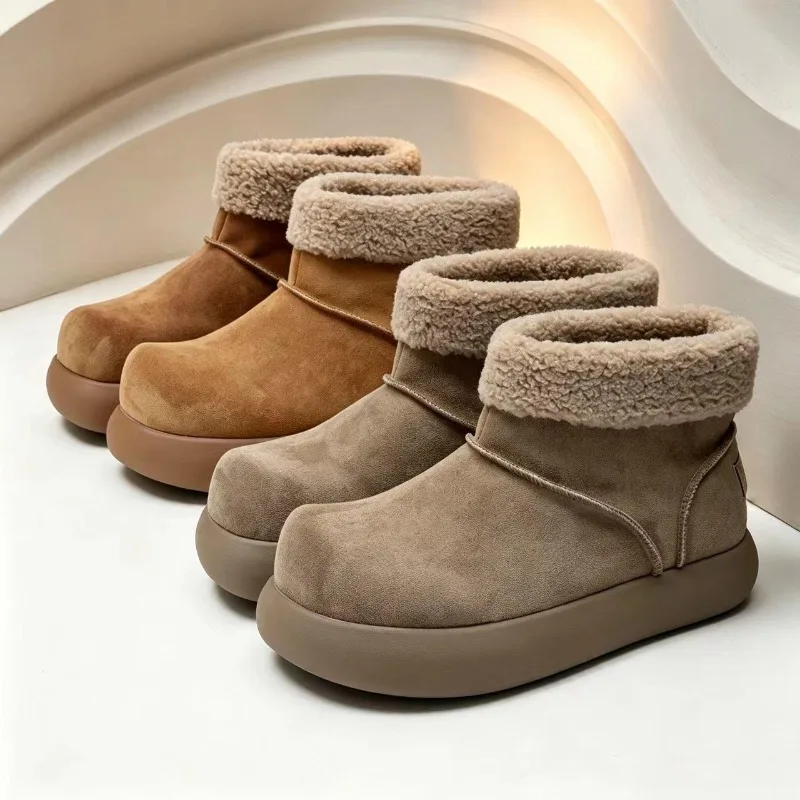 Retro Suede Thick Soled Men Snow Boots with Plush Sheep Cake Wool Rolled Edge Short Cotton Boots Warm Non Slip Worn Externally