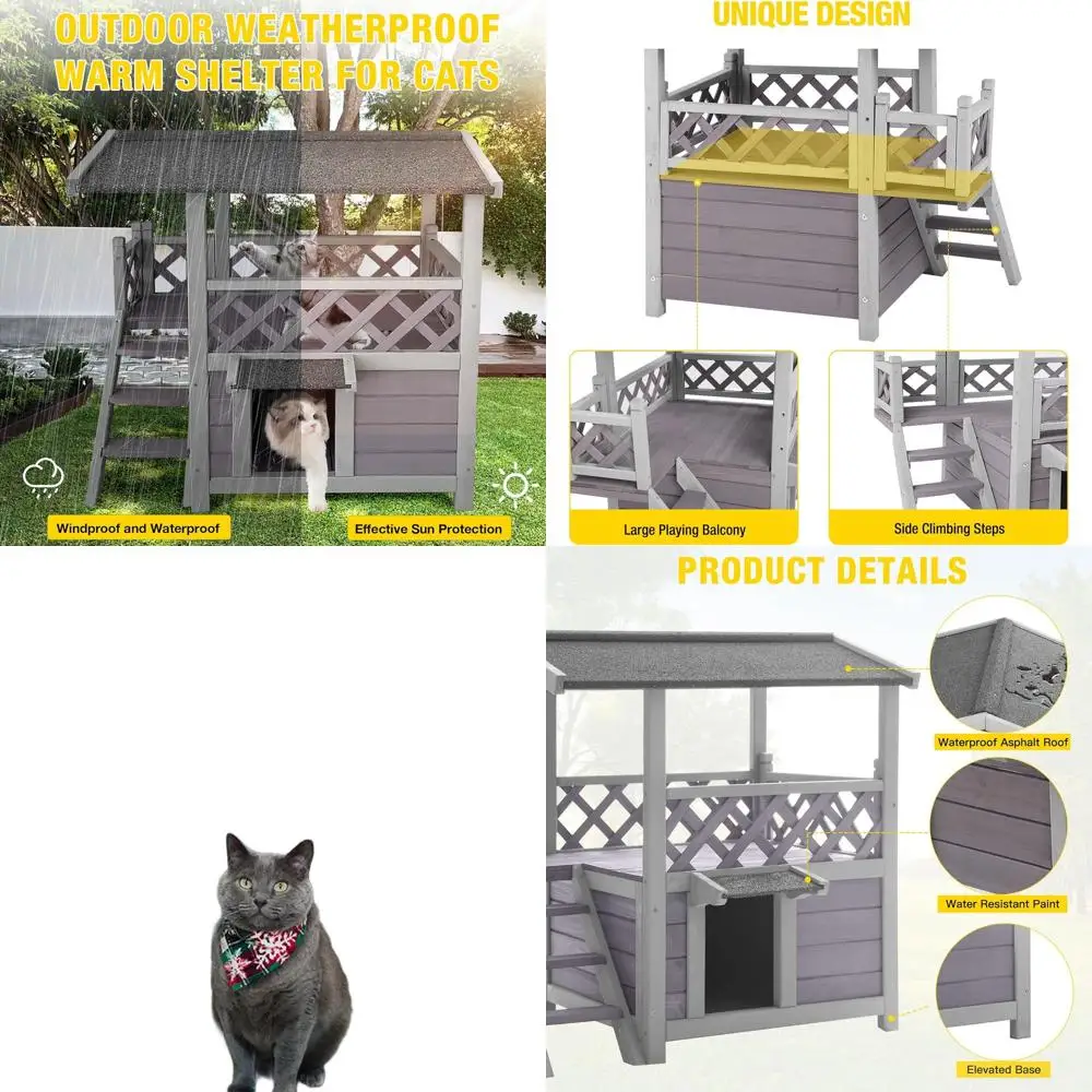 

Weatherproof Wooden Outdoor Cat Shelter with Balcony, Stairs, and Escape Hatch