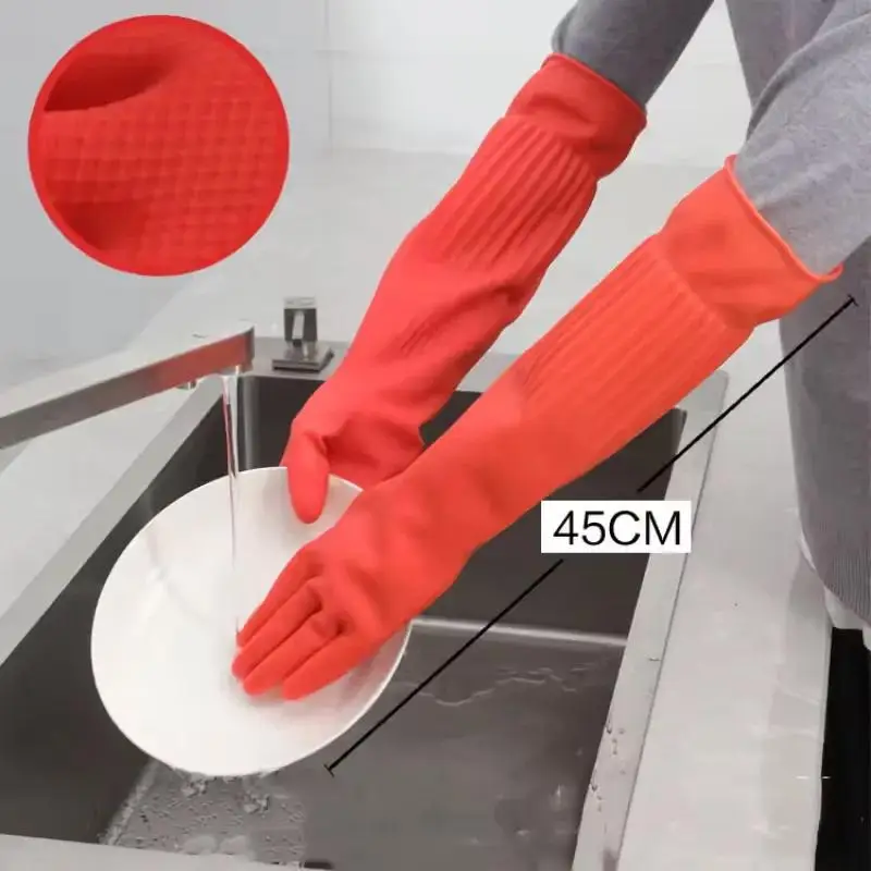 Long Reusable Rubber Dishwashing Gloves Non-slip Household Cleaning Gloves Kitchen Housework Dishes Cars Gardening Work Gloves