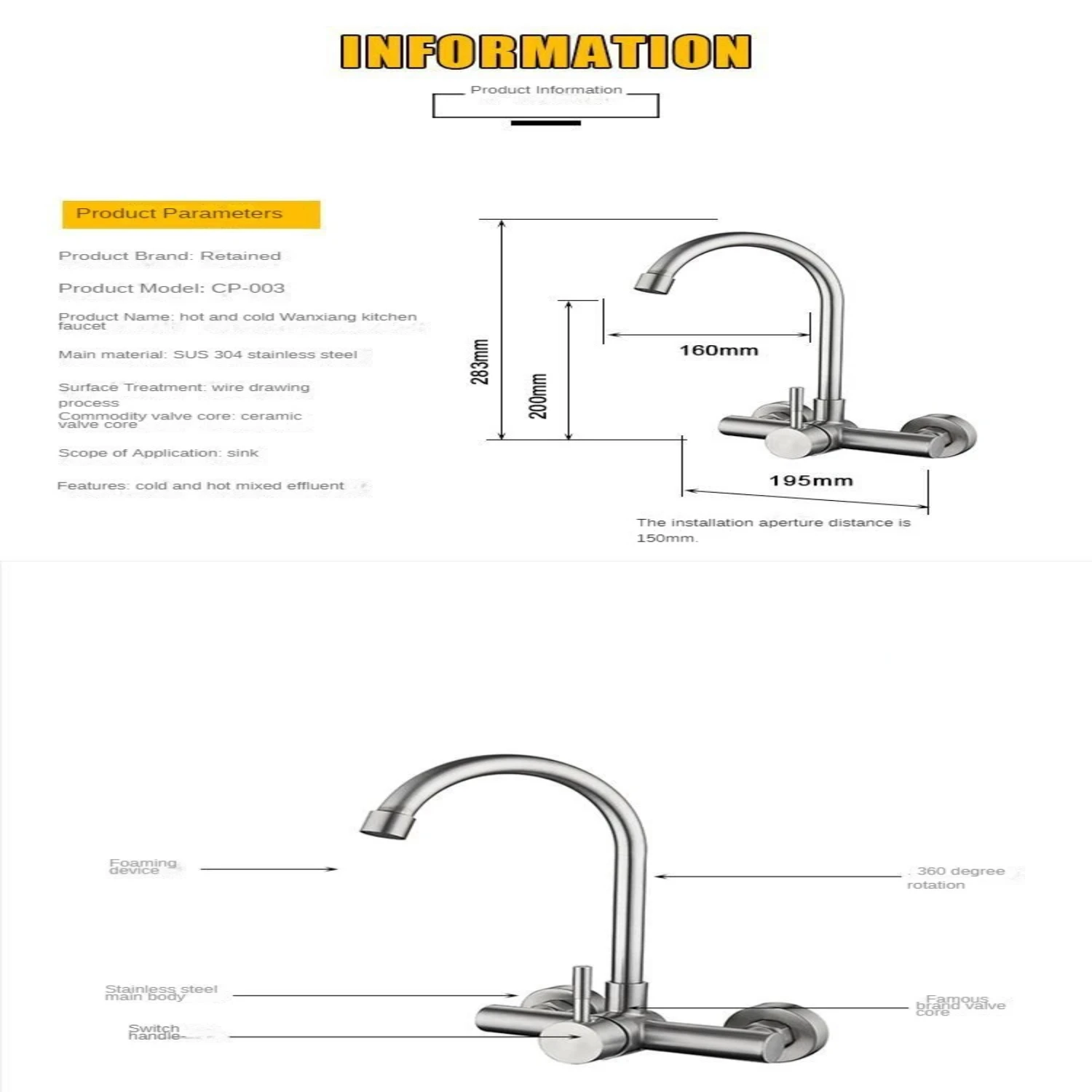 Rubinetti per lavello da cucina Spruzzatore da parete Centro da 8 pollici Miscelatore commerciale per acqua calda e fredda Accessori Torneira Gourmet De Cozinha