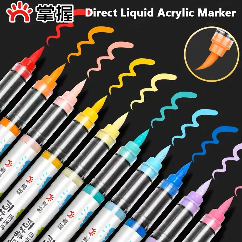 12/48 Colors Acrylic Markers Pens Soft Head Straight Liquid Style for Fabric Rock Painting Ceramic Glass Stationery Art Supplies