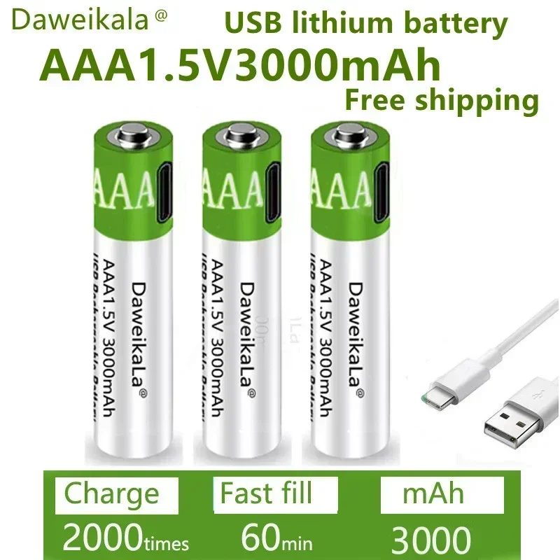 3000mAh 1.5V AAA Lithium Battery USB Rechargeable - Fast Charging for Toy/Keyboard/Remote Control 3000 Cycles