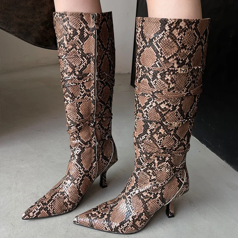 New Female Designer Snakeskin Footwear Knee High Boots For Women Fashion Modern Ladies Long Boots With Heels Shoes Leopard Print