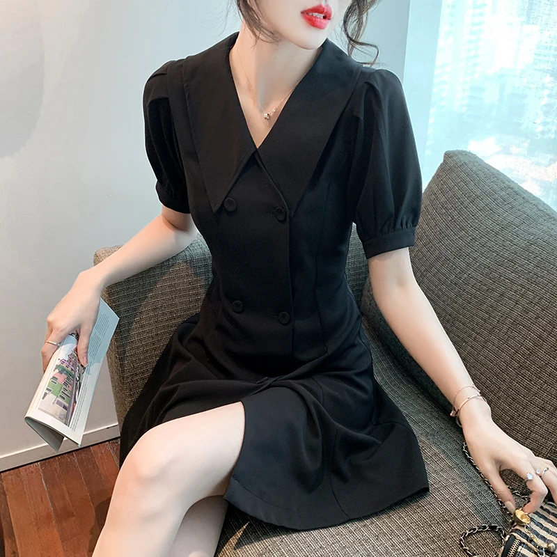 dresses summer 2022 ladies Professional Dress Commuter Lapel Double Breasted Suit Dress Short Waist elegant Korean clothing