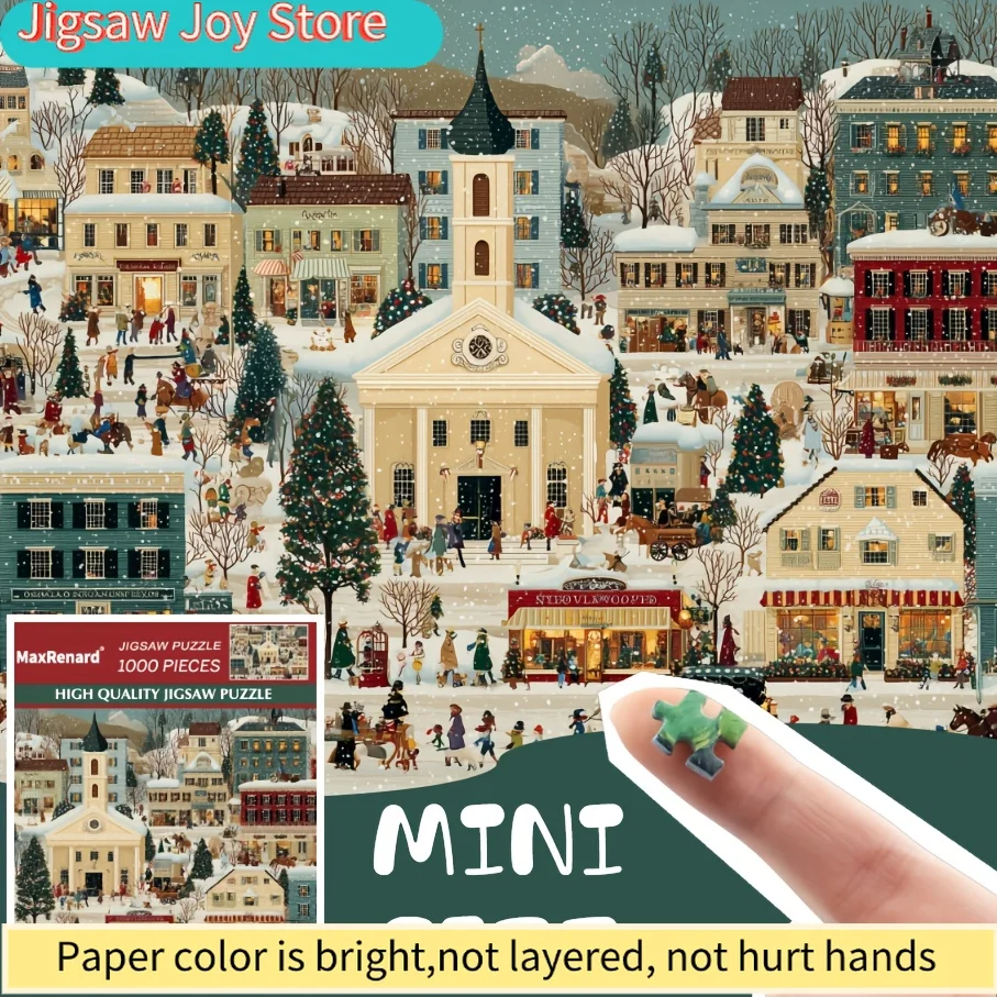 A Box Containing 1000 Interlocking Paper Puzzle Pieces Designed for Adults, Featuring a 'Christmas Town' Theme. Ideal for Gath