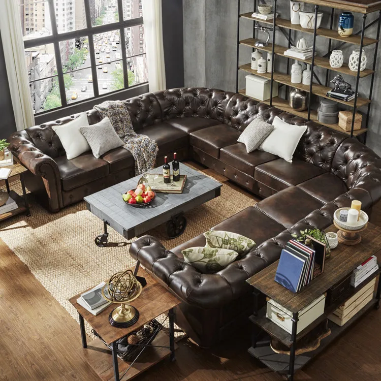 Traditional Classical Villa Lounge Customized Leather Button Design American L Shape Sofa Seating Cigar VIP Room Club Couch Set