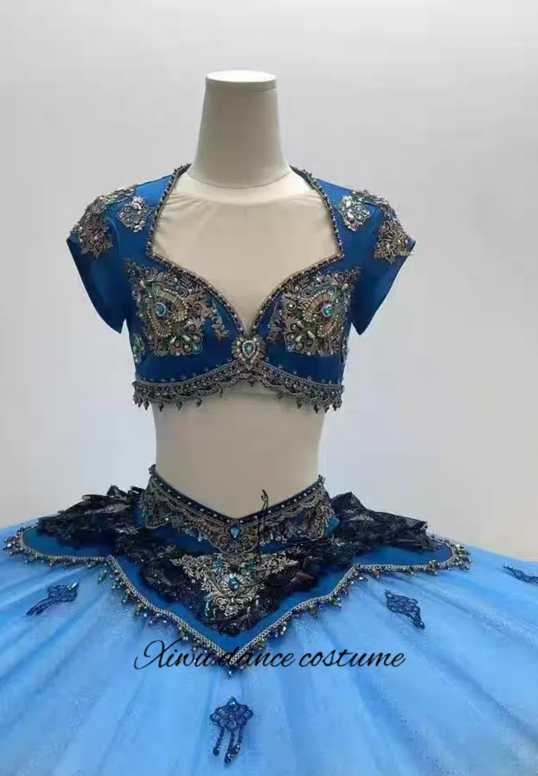 Costume de spectacle de ballet, haut bleu foncé, jupe Tutu bleu clair