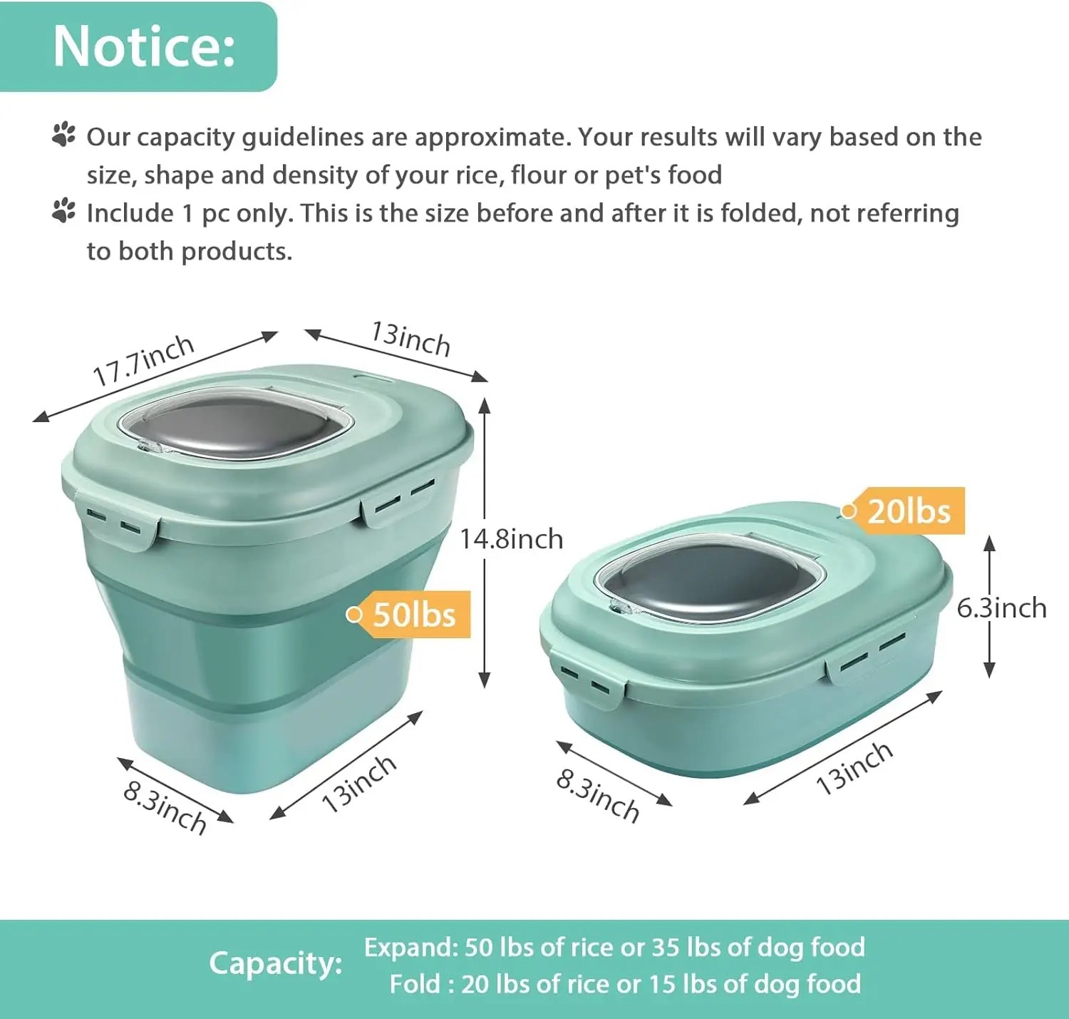 Rice  Container, Foldable Airtight Cereal Food  Containers 20 to 50 Lbs with Measuring Cup & Wheels, Dry Food Flour Sugar  C