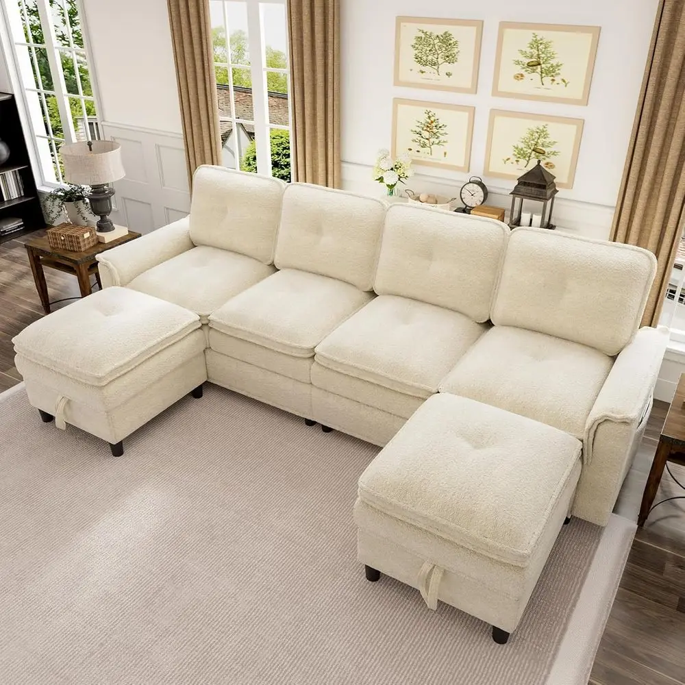 

Contemporary 4-Seat U-Shaped Sectional Sofa with Removable Storage Ottoman in Beige