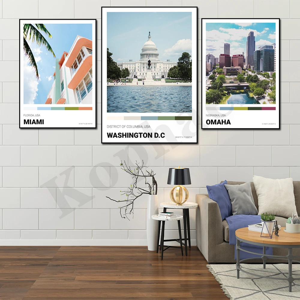 Washington Tucson Milwaukee Pittsburgh Miami Omaha Arlington Austin. City Travel Scenery. Home Wall Decor Art Canvas Painting